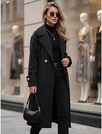 Dlouhý dámský kabát s vázáním v pase, černý, FashionStreet NY0809 Dlouhý dámský kabát s vázáním v pase, černý, FashionStreet NY0809