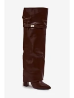 Zateplené kozačky s ohnutým horním lemem nad koleno podpatek sloupka hnědé Serelle