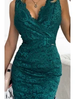 Zelené krajkové dámské midi šaty s přeloženým obálkovým výstřihem 383-4