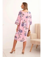 Dámská bavlněná šaty s květinovým vzorem a 3/4 rukávem světle růžová