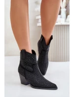 Ozdobené Kožené Botky Na Podpatku S Špičatými Nosky Černé S.Barski HY42-121