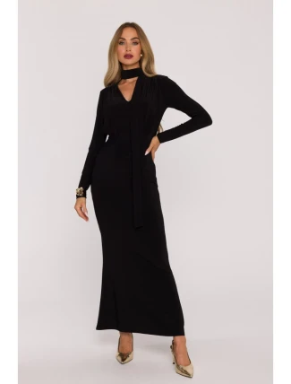 M891 Šaty s řasením a šerpou - černé