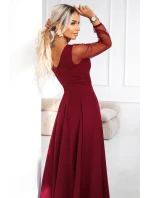 640-1 LORETTA jedinečné dlouhé šaty s tylovými rukávy a výstřihem - vínové 640-1 LORETTA jedinečné dlouhé šaty s tylovými rukávy a výstřihem - vínové