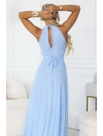 662-1 Elegantní maxi večerní šaty na ramínka s tylem a zavazováním v pase - modré