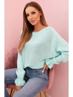 Svetr dámský z mohéru s nařasenými rukávy a výstřihem na zádech mátový Svetr dámský z mohéru s nařasenými rukávy a výstřihem na zádech mátový