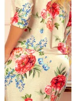 Dámské sportovní šaty s kapsičkami - béžový len a červené květy 13-121 Dámské sportovní šaty s kapsičkami - béžový len a červené květy 13-121