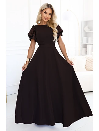694-2 MIRELLA Elegantní rozšiřující se maxi šaty s flitrovými rukávy – čokoládově hnědá
