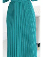 504-6 VIVIANA Plisované midi šaty se srdíčkovým výstřihem, dlouhými rukávy a širokým páskem - barva MARINE