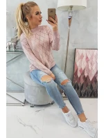 Svetr s polovičním rolákem a kosočtvercovým vzorem pudrově růžový