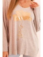 Dámská blůza z viskózy s dlouhým rukávem a zlatým květinovým potiskem béžový melír