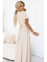 581-6 JENNIFER dlouhé šaty s rozparkem na nohou, rukávy a výstřihem - BEACH