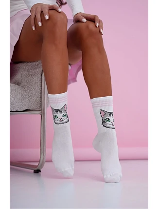 Dámské ponožky s kočkami s růžovými pruhy