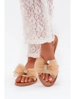 Dámské pantofle na nízkém podpatku s tylovou mašlí – zlaté