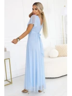 635-6 MELANIA dlouhé třpytivé svatební šaty s výstřihem a krátkými rukávy - modré