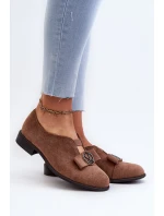 Dámské polobotky z ekokože s nízkým podpatkem a ozdobou hnědé Hadiena Dámské polobotky z ekokože s nízkým podpatkem a ozdobou hnědé Hadiena