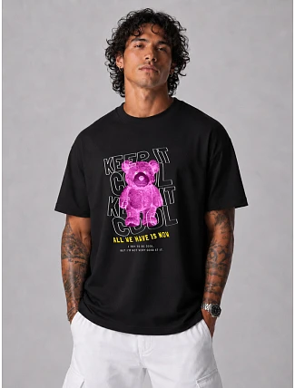 Pánské tričko oversize s potiskem medvídka černé FashionStreet NX1030R