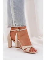 Sandály Na Sloupkovém Podpatku Z Eko Kůže Béžové Lanaria