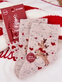 Dámské vánoční ponožky s motivem soba a srdíček – šedé (vlna alpaka)