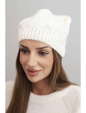 Dámská zimní čepice vlněná s ozdobnými krystalky K461 ecru