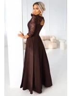 309-14 AMBER elegantní dlouhé krajkové šaty s výstřihem - čokoládové