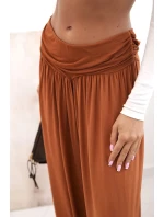 Dámské viskózové kalhoty s širokými nohavicemi a volánky zázvor