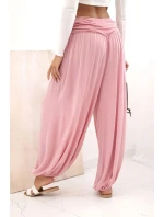 Dámské viskózové kalhoty s širokými nohavicemi a volánky tmavě růžová
