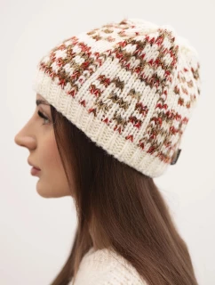 Dámská zimní čepice s barevnou přízí a silným lemem K355 ecru+cervená+camelová