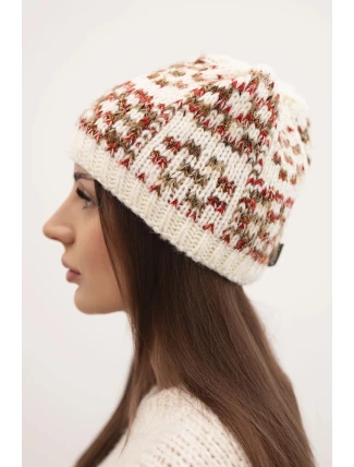 Dámská zimní čepice s barevnou přízí a silným lemem K355 ecru+cervená+camelová