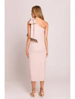 M847 Šaty na jedno rameno s mašlí - světle béžové