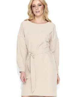 Dámské elegantní šaty s páskem středně dlouhé béžové - Béžová - Makadamia