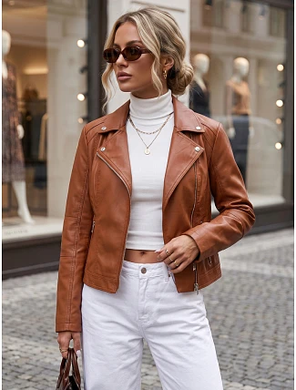 Dámská bunda ve stylu Ramones z ekologické kůže, hnědá, FashionStreet TY5731 Dámská bunda ve stylu Ramones z ekologické kůže, hnědá, FashionStreet TY5731