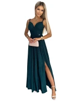 460-1 JOVITE brokátové dlouhé šaty bez ramínek s rozparkem na nohou - BOTTLE GREEN 460-1 JOVITE brokátové dlouhé šaty bez ramínek s rozparkem na nohou - BOTTLE GREEN