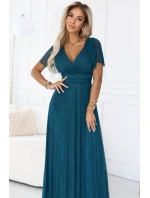 635-1 MELANIA dlouhé třpytivé šaty s výstřihem a krátkými rukávy - lahvově zelené 635-1 MELANIA dlouhé třpytivé šaty s výstřihem a krátkými rukávy - lahvově zelené