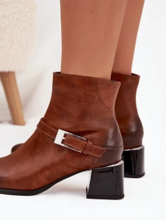 Dámské botky Zazoo – kožené, na podpatku s přezkou, hnědé