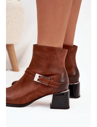 Dámské botky Zazoo – kožené, na podpatku s přezkou, hnědé