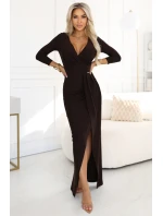 404-14 Elegantní dlouhé šaty s obálkovým výstřihem a rozparkem - čokoládově hnědé