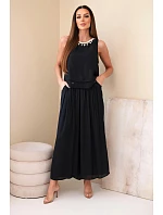Dámský komplet z viskózy s topem bez rukávů a širokými kalhotami s ozdobným zakončením černý Dámský komplet z viskózy s topem bez rukávů a širokými kalhotami s ozdobným zakončením černý