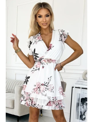 468-1 PATRIZIA šaty s obálkovým výstřihem, páskem a krátkými rukávy - BÍLÁ V RŮŽOVÉ barvě