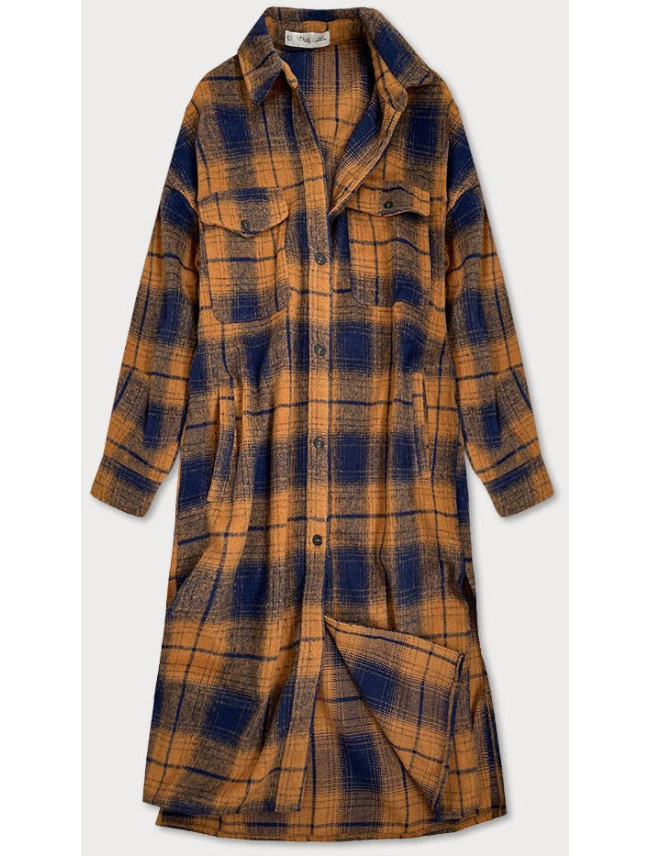 Hnědo-tmavě modrý dámský károvaný košilový kabát (8424)