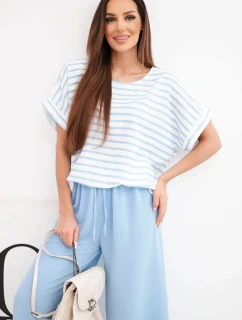 Dámská souprava viskózová s pruhovanou blůzou a širokými kalhotami s gumou modrý