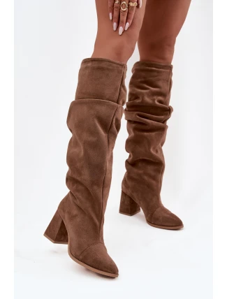 Dámské zateplené kozačky na podpatku Zazoo – světle hnědé, pravý semiš