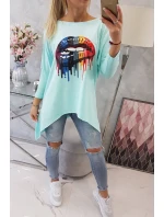 Oversize halenka s duhovým potiskem rtů v barvě mint