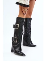 Kozačky ke kolenům na klínu s ohrnutým svrškem a sponami Tamirla