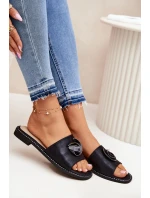 Dámské Pantofle Na Plochém Podpatku S Ozdobným Detalem KV51-007 Černé Dámské Pantofle Na Plochém Podpatku S Ozdobným Detalem KV51-007 Černé