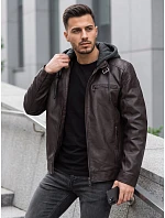 Pánská kožená zateplená bunda s kapucí, hnědá, FashionStreet TX5148