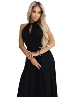 662-2 Elegantní maxi večerní šaty na ramínka s tylem a zavazováním v pase - černé