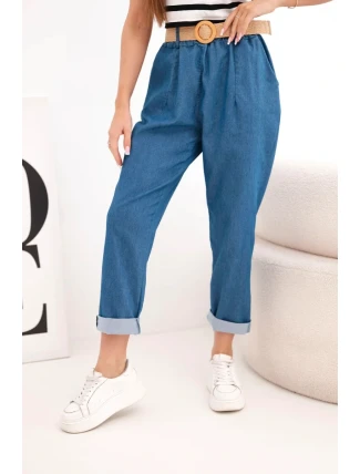 Dámské kalhoty s ohrnutou nohavicí a páskem tmavě džínové