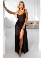 646-1 Dlouhé společenské šaty bez ramínek s rozparkem na nohou - čokoládově hnědé