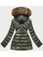 Lesklá zimní bunda v khaki barvě s mechovitou kožešinovou podšívkou (w674)