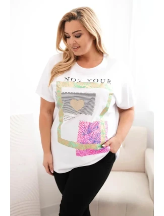 Dámská bavlněná halenka Plus Size se zlatým nápisem bílá + zelená Dámská bavlněná halenka Plus Size se zlatým nápisem bílá + zelená